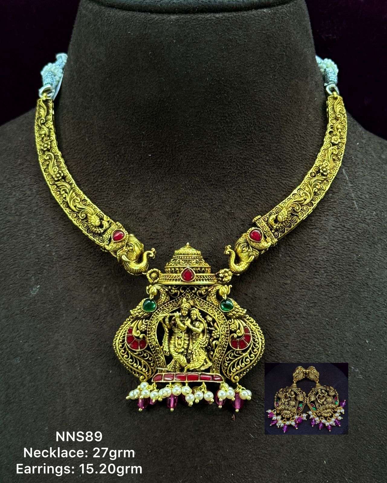 Radha Krishna Temple Nakshi Necklace with earrings