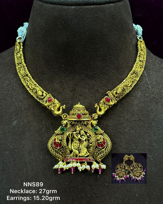 Radha Krishna Temple Nakshi Necklace with earrings